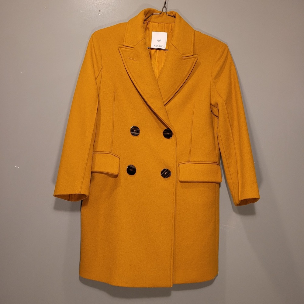 Mango MNG Wool Blend Oversize Long Overcoat, Women's Size XXS, Mustard Yellow
